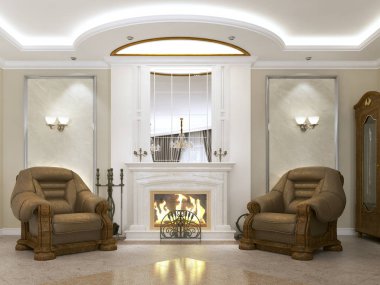 İki kahverengi deri koltuk klasik tarzı şömine ateş yakın. 3D render