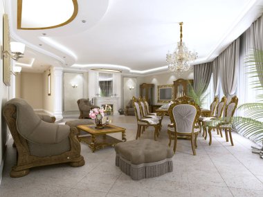 Bir yemek masası ve mutfak ve fuaye bir art deco tarzında modern klasik oturma odası. 3D render.
