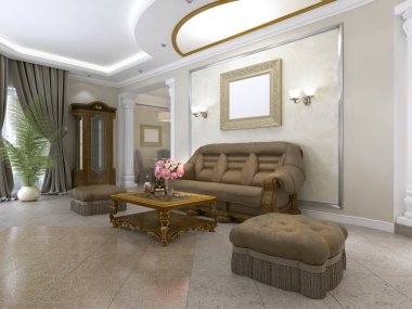 Kanepe ve bir klasik tarzda bir kahve masasıyla iki koltuk duvara bir resim ile yakın. 3D render