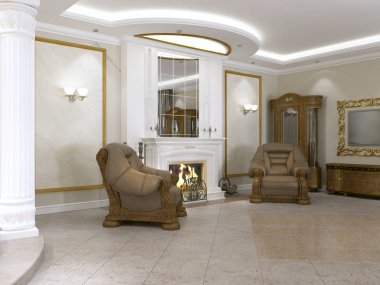 Bir yemek masası ve mutfak ve fuaye bir art deco tarzında modern klasik oturma odası. 3D render.