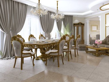 Bir yemek masası ve mutfak ve fuaye bir art deco tarzında modern klasik oturma odası. 3D render.