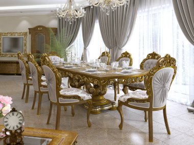 Bir lüks Barok oturma odasında hizmet ile modern klasik yemek masası. 3D render.