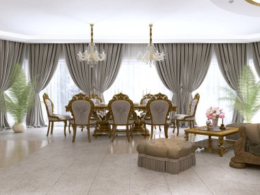 Bir yemek masası ve mutfak ve fuaye bir art deco tarzında modern klasik oturma odası. 3D render.