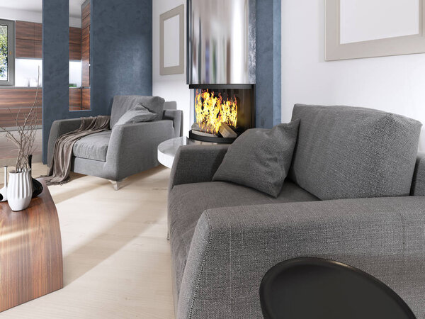 Two chairs near the fireplace in Contemporary style. 3D rendering