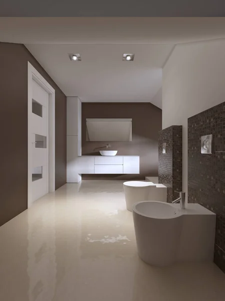 Bathroom Contemporary Style Brown White Colors Rendering — Stock Photo, Image