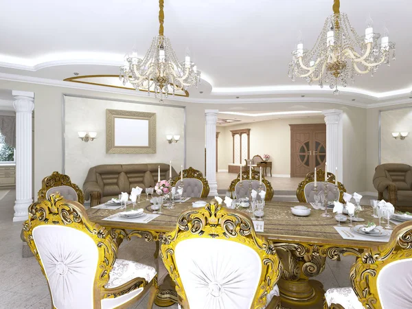 现代经典客厅拥有装饰艺术风格 配有餐桌 并享有厨房和门厅的景致 — 图库照片