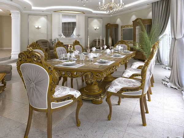 现代经典餐桌在豪华的巴洛克式客厅与服务 — 图库照片