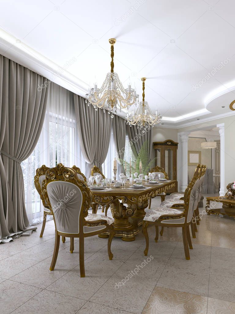 Modern classic dining table in a luxurious baroque living room with serving. 3D rendering.