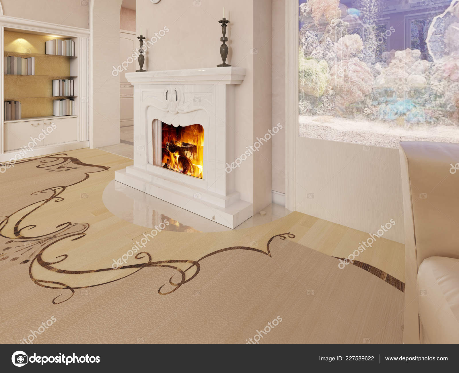 Uma Lareira Branca Clássica Uma Luxuosa Sala Estar Com Aquário — Foto ©  kuprin33 #227589622, image size:1600x1300