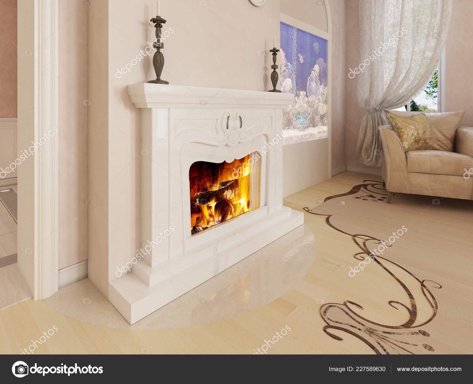 Classic White Fireplace Luxurious Living Room Aquarium Built
