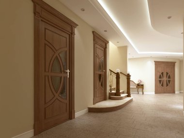 Bir koridor kapıları ve lüks bir iç merdivenlerde. 3D render