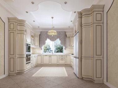 Dört kişilik bir yemek masası ile beyaz renklerde klasik tarzda lüks modern mutfak. 3D render.