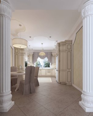 Dört kişilik bir yemek masası ile beyaz renklerde klasik tarzda lüks modern mutfak. 3D render.