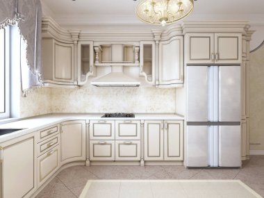 Dört kişilik bir yemek masası ile beyaz renklerde klasik tarzda lüks modern mutfak. 3D render.