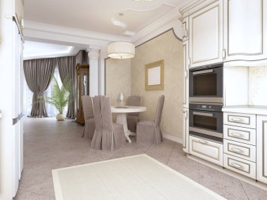Dört kişilik bir yemek masası ile beyaz renklerde klasik tarzda lüks modern mutfak. 3D render.