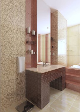 Banyo lavabo, Bordo mozaik karolar, sarı duvardaki büyük bir ayna ile yapılmış. 3D render