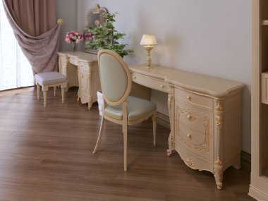 Çalışma masası ve tuvalet masası yatak odası klasik bir tarzda. 3D render