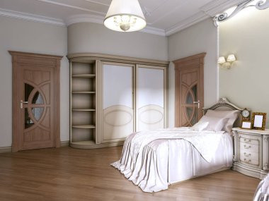 Lüks yatak odası klasik bir tarzda iki tek kişilik yatak ile. Bir kitaplık, Tv ve tuvalet masası. 3D render.