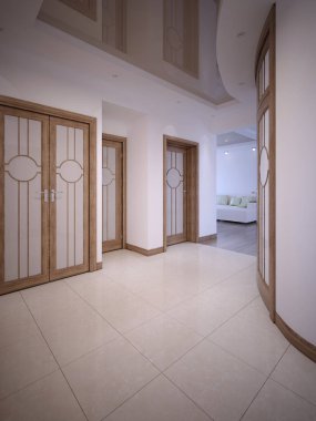 Kapı ve bir klasik tarzda beyaz duvarlar ile koridor koridor. 3D render.