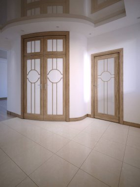 Kapı ve bir klasik tarzda beyaz duvarlar ile koridor koridor. 3D render.