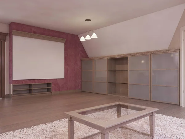 Home cinema in the attic in a modern style in burgundy and white colors. 3D rendering
