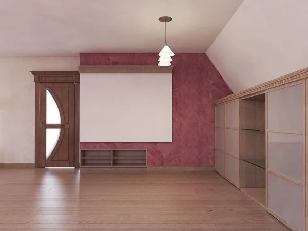 Home cinema in the attic in a modern style in burgundy and white colors. 3D rendering
