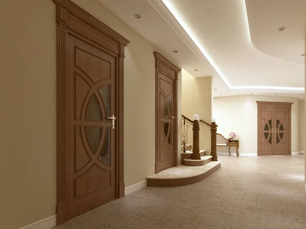 A corridor with doors and stairs in a luxurious interior. 3D rendering