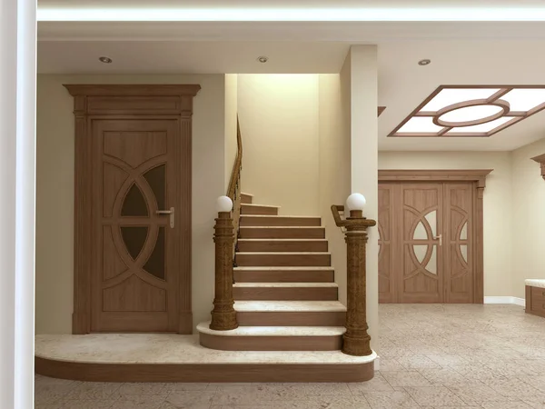 Sebuah Koridor Dengan Pintu Dan Tangga Interior Mewah Perender — Stok Foto