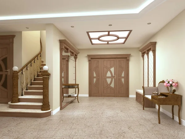 Foyer Una Casa Lujo Estilo Clásico Con Una Escalera Renderizado — Foto de Stock