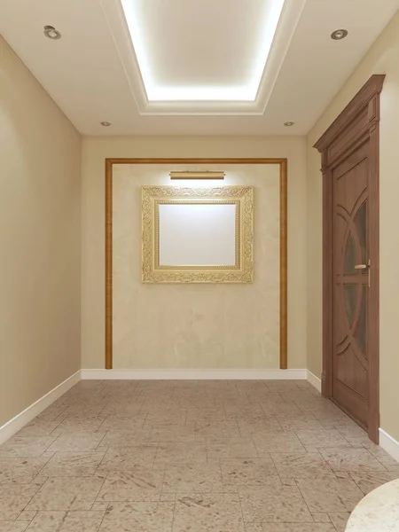 Corridor with a picture on the wall with illumination and framing. 3D rendering