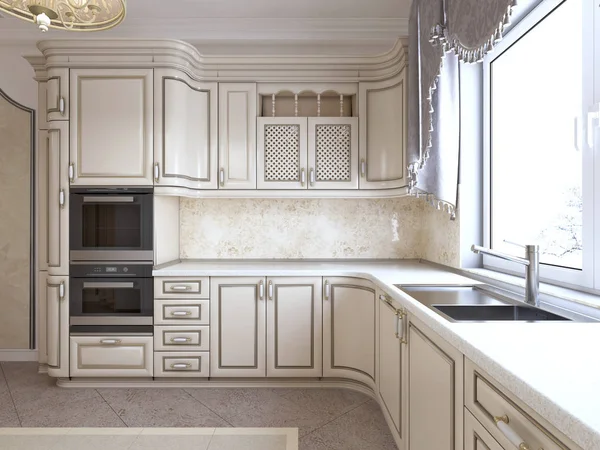 Luxurious modern kitchen in classic style in white colors with a dining table for four people. 3D rendering.