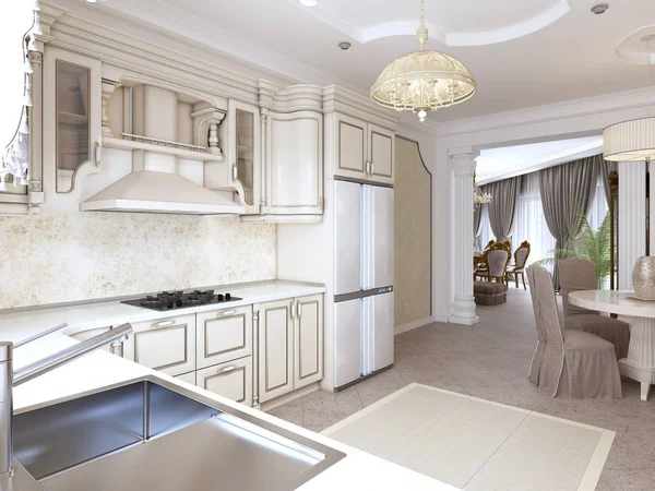 Luxurious modern kitchen in classic style in white colors with a dining table for four people. 3D rendering.