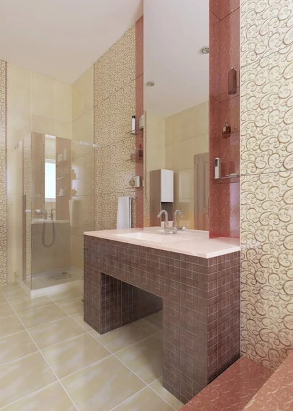 浴室的水池 由马赛克勃艮第瓷砖制成 黄色墙壁上有一面大镜子 — 图库照片