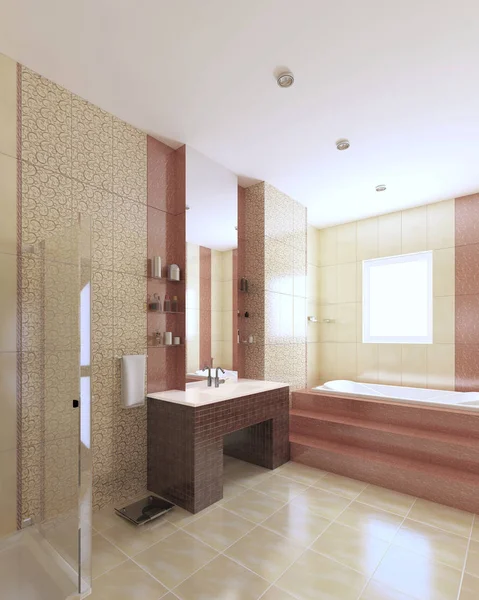 Banheiro Moderno Cor Amarela Borgonha Com Janela Renderização — Fotografia de Stock