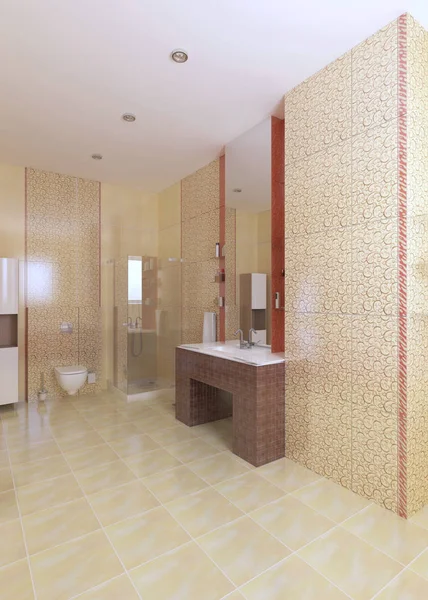 Modern bathroom in yellow and burgundy color with window. 3D rendering