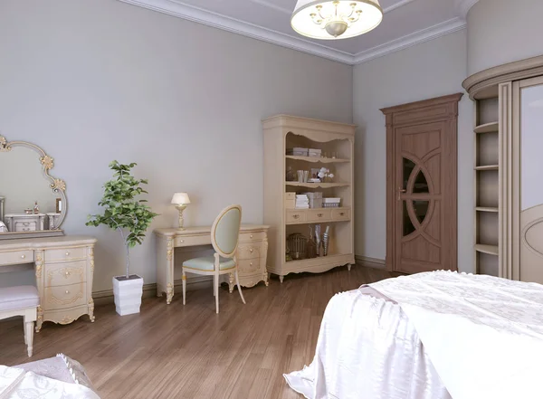 Luxurious bedroom with two single beds in a classic style. With a bookcase, TV and dressing table. 3D rendering.