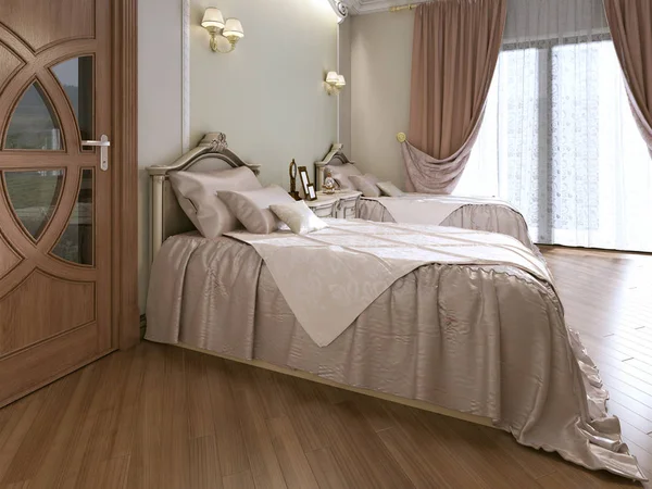 Розкішна Спальня Двома Односпальними Ліжками Класичному Стилі Книжковою Шафою Телевізором — стокове фото