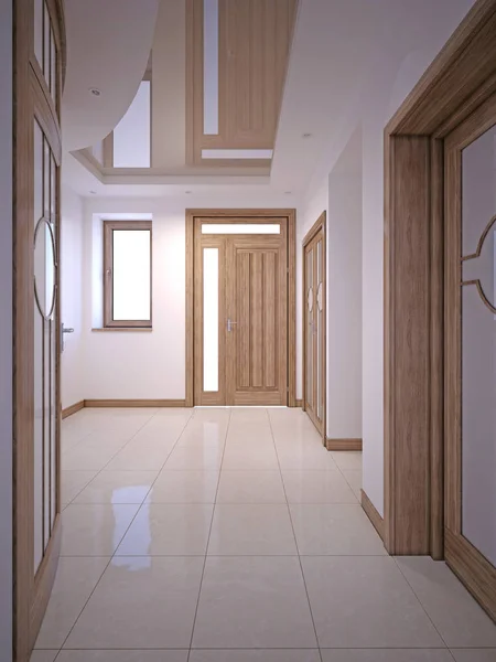 Hallway Corridor with doors and white walls in a classic style. 3D rendering.