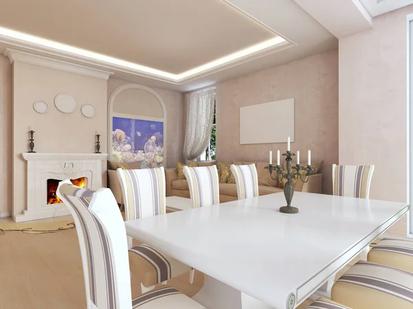 客厅窗户旁的豪华白色餐桌 — 图库照片