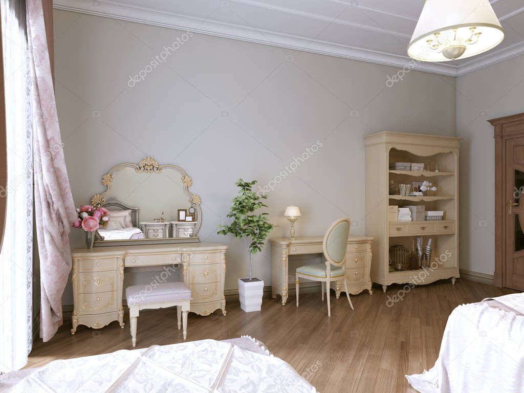 Furniture in the bedroom, bookcase, work and dressing table. 3D rendering