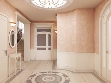 Katta ve merdivenlerden erişim mermer desenli krem renklerde klasik tarzı lobi iç kısmıdır. 3D render.