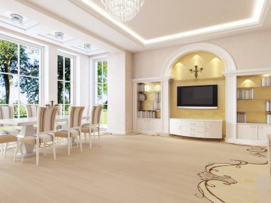 Cam kenarında bir yemek masası ile art deco öğeleri ile hafif klasik tarzda ışık oturma odası. 3D render