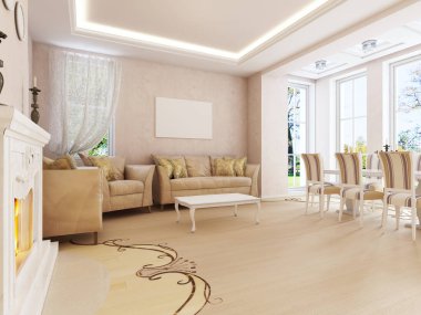 Cam kenarında bir yemek masası ile art deco öğeleri ile hafif klasik tarzda ışık oturma odası. 3D render