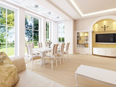 Cam kenarında bir yemek masası ile art deco öğeleri ile hafif klasik tarzda ışık oturma odası. 3D render