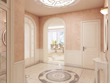 Katta ve merdivenlerden erişim mermer desenli krem renklerde klasik tarzı lobi iç kısmıdır. 3D render.