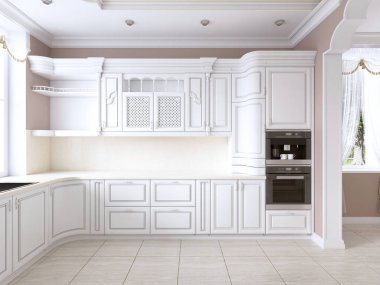 Yerleşik aletleri ve büyük bir pencere ile klasik tarzda lüks beyaz mutfak. 3D render