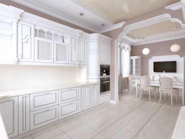 Posta renkleri beyaz Mutfak mobilya ve dahili tekniği ile klasik tarzda mutfak yemek odasında. 3D render.