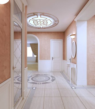 Pembe pastel renkler klasik tarzda salonu koridorunda. 3D render.