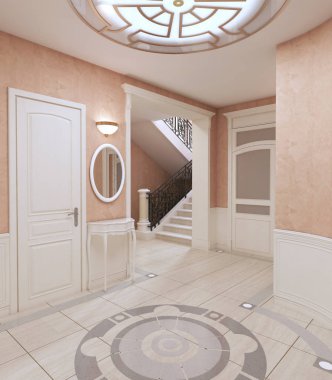 Pembe pastel renkler klasik tarzda salonu koridorunda. 3D render.