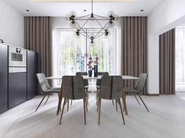 Modern sandalye ve büyük cam kenarında bir masa ile çağdaş tarzda yemek odası. 3D render.